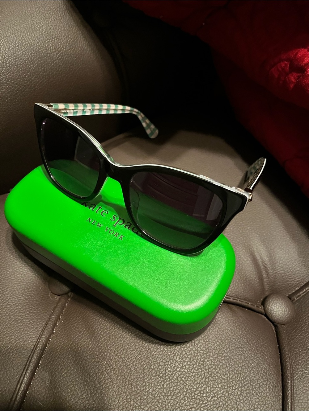 Kate Spade Black Cat-Eye Sunglasses with Green-Checked Temples
